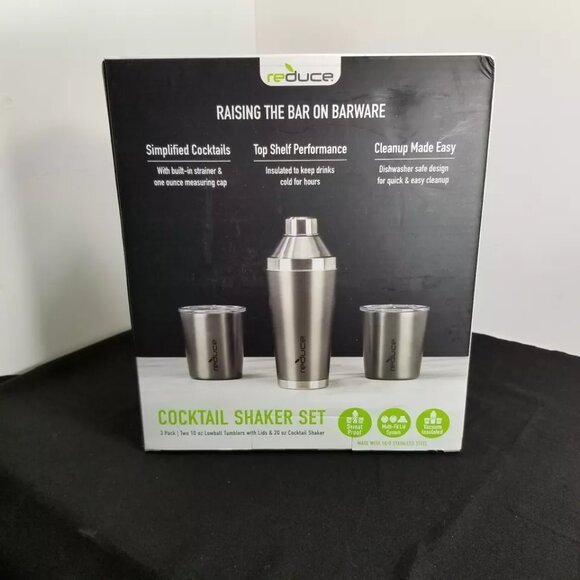 Reduce Cocktail 3-Piece Shaker Set with 10-oz. Lowball Tumblers (Slate) - NEW - Picture 5 of 7